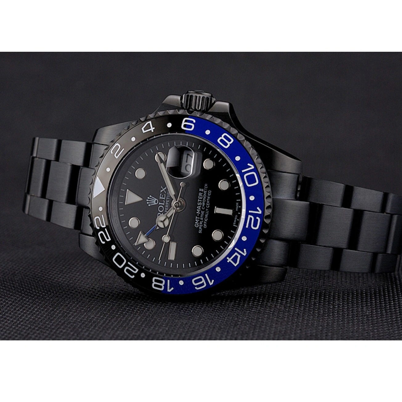Aaa fake watches II And Case Black Black Master Rolex PVD And Dial Black Swiss Bracelet GMT Blue Bezel 1014